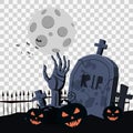 Happy Halloween Card Template Background, Hand Zombie Cemetery Pumpkins Bats Spooky, Vector Illustration Banner Royalty Free Stock Photo