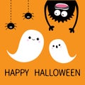 Happy Halloween card. Two flying ghost spirit. Monster head silhouette. Eyes, hands. Hanging upside down. Black spider dash line. Royalty Free Stock Photo