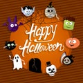 Happy Halloween card with vampire, mummy, skull, bat, pumpkin and zombie Royalty Free Stock Photo