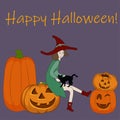 Happy Halloween card Witch sitting on a huge pumpkin  holding her cat Royalty Free Stock Photo