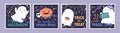 Happy Halloween cards set. Helloween postcards designs with cute funny baby ghost, pumpkin, web for creepy spooky