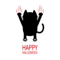 Happy Halloween Cartoon black cat. Back view. Red bloody claws animal scratch scrape track. Cute funny character. Greeting card. W