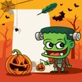 Happy Halloween. Cartoon cute zombie holding pumpkin lantern with small pumpkin on empty vintage scroll