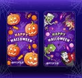 Happy Halloween. Cartoon illustrations templates for stories. Collection. Witch, zombie, pumpkins