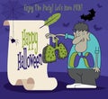 Happy Halloween. Cartoon monster character holding thorns lung with retro paper scroll