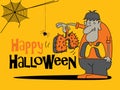 Happy Halloween. Cartoon monster holding a lung with thorns. Happy Halloween big lettering.