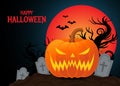 Happy Halloween with carved pumpkin on the background of the big red moon Royalty Free Stock Photo