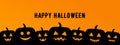 Happy Halloween, carved pumpkins bottom line, black and orange vector greeting card Royalty Free Stock Photo