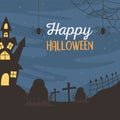 Happy halloween, castle cemetery crosses and bats trick or treat party celebration