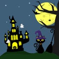 Happy Halloween. Halloween cat in a hat witch stands next to a broom. Witch Castle, pumpkin, tree, spider, full moon at