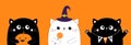 Happy Halloween. Cat set holding pumpkin, sweet candy. Hanging spider insect. Witch hat cap. Boo. Cute kawaii cartoon character. Royalty Free Stock Photo