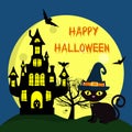 Happy Halloween. A Halloween cat in a witch hat sits on the background of a full moon. Tree, pumpkin, bats, spider webs Royalty Free Stock Photo