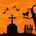 Happy halloween celebration card with bats flying and cat in cemetery scene