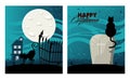 Happy halloween celebration card with haunted house and cats in cemetery Royalty Free Stock Photo