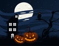 Happy halloween celebration card with haunted house and pumpkins Royalty Free Stock Photo