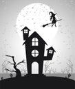 Happy halloween celebration card with haunted house and witch flying Royalty Free Stock Photo