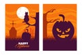 Happy halloween celebration card with pumpkin face in cemetery scene