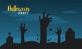 Happy halloween celebration with deaths hands in cemetery night scene