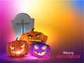 Happy Halloween celebration poster design with scary pumpkins and graveyard on colorful gradient. Royalty Free Stock Photo