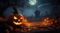Happy Halloween celebration pumpkin and dark castle with graveyard. Full Moon spooky night mysterious forest darkness scene Royalty Free Stock Photo