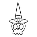 Happy halloween celebration scary skull with hat cartoon thick line