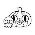 Happy halloween celebration scary skull and pumpkin cartoon thick line