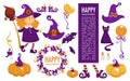 Happy Halloween celebration symbolic elements, icons and text vector Royalty Free Stock Photo