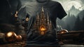 Happy Halloween Celebrations T-shirt Mockup of a haunted castle on a hill