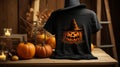 Happy Halloween Celebrations T-shirt Mockup Scarecrow mockup yellow color on black shirt hd image Royalty Free Stock Photo