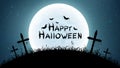 Happy halloween. Cemetery with crosses against the full moon. The starry sky. Spiders, bats and spiderweb. Grunge text. Vector Royalty Free Stock Photo