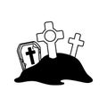 Happy halloween, cemetery gravestones crosses ground trick or treat celebration line icon style