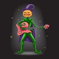 Happy Halloween. Character pumpkin in hat with guitar on isolated background. Vector image