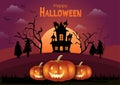 Happy Halloween. Children costume in Halloween fancy dress to go Trick or Treating. moon, Banner, Witch, Haunted House, Pumpkins Royalty Free Stock Photo
