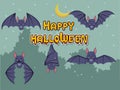 Happy halloween collection of bats on background. Concept cartoon bat in different. Halloween elements set. Vector clipart Royalty Free Stock Photo