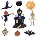 Happy halloween color vector icon set flying ghost, skeleton, pumpkin head scarecrow, graveyard, vampire bat, witch pot