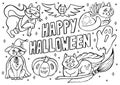 Happy Halloween coloring page with cats in costumes and spooky objects, hand drawn cute Halloween coloring sheet