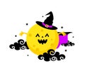 Cute cartoon character moon wearing a witch suit.