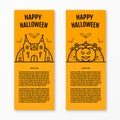 Happy halloween concept orange vertical banners set with bats moon pumkin coffin graves castle church.