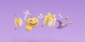 Happy Halloween concept ,Pumpkins character,gift box,candy,witch hat,bone,skull on purple background.3d rendering