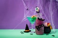 Scary colorful Halloween cocktails with party decorations on purple and green background Royalty Free Stock Photo