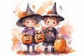 Two smiling little kids in Halloween costumes holding pumpkin buckets for candies, watercolor illustration Royalty Free Stock Photo