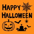 Happy Halloween concept vector illustration on orange background. Pumpkin, grave, cross, flying bats and spider web in flat design Royalty Free Stock Photo