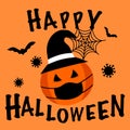 Happy Halloween concept vector illustration on orange background. Pumpkin wearing face mask and hat with flying bats and spider we Royalty Free Stock Photo