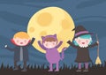 Happy halloween, costume characters cat witch and dracula childrens, trick or treat, party celebration