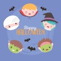 Happy halloween, costume characters childrens faces, trick or treat, party celebration