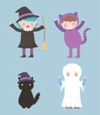 Happy halloween, costume characters girls witch cat and ghost trick or treat, party celebration