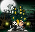 Happy halloween costume kid in front of the haunted house with full moon background Royalty Free Stock Photo