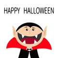 Happy Halloween. Count Dracula head face wearing black and red cape. Cute cartoon vampire character with fangs. Big mouth. Greetin Royalty Free Stock Photo