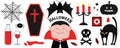 Happy Halloween. Count Dracula icon set. Bat, spider web, blood wine bottle glass, coffin, cat, pumpkin, red eye, candle holder. Royalty Free Stock Photo