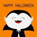 Happy Halloween. Count Dracula white head face costume. Cute cartoon kawaii smiling vampire character with fangs. Big mouth,